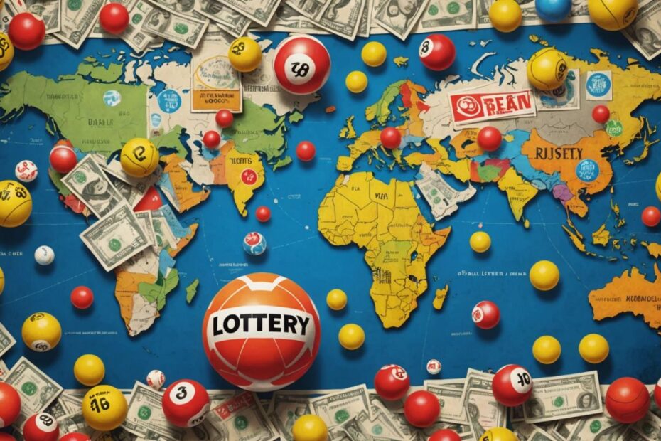 Colorful lottery balls and tickets with a world map background, representing various global lottery markets.