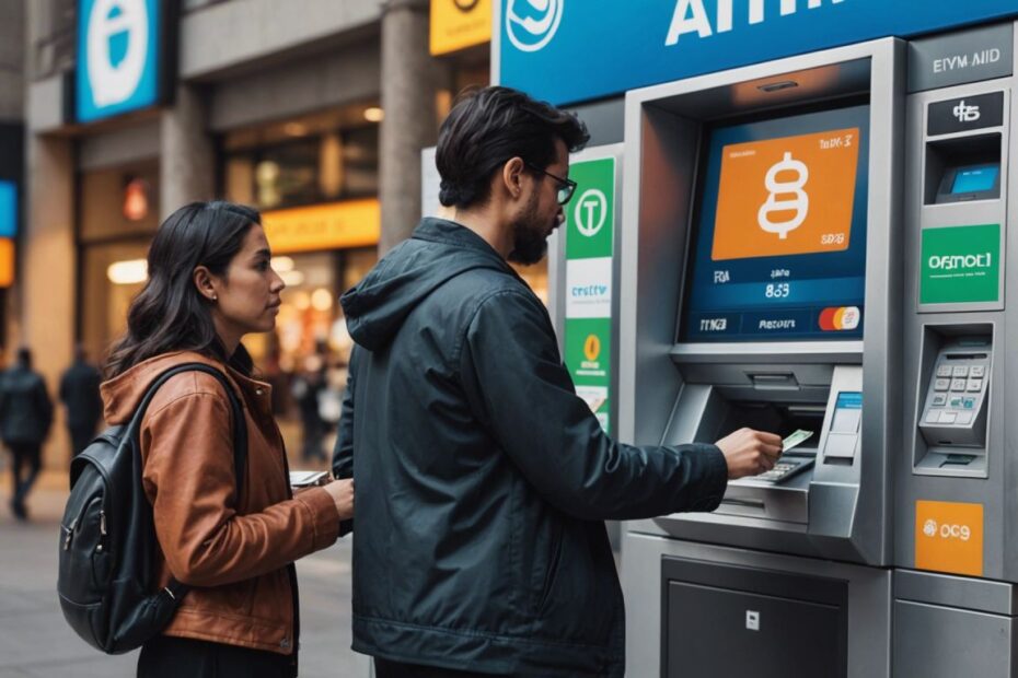 Person withdrawing money from ATM with Rajatoto88 logo and currency symbols in the background.